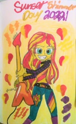 Size: 1291x2115 | Tagged: safe, artist:bgladybug1999, imported from derpibooru, sunset shimmer, human, equestria girls, electric guitar, female, grin, guitar, musical instrument, smiling, solo, sunset shimmer day, traditional art