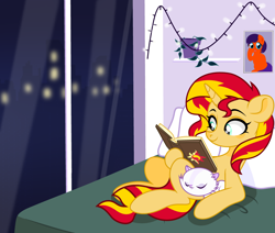 Size: 1920x1625 | Tagged: safe, artist:grapefruit-face, imported from derpibooru, sunset shimmer, oc, cat, pony, unicorn, equestria girls, bed, female, solo