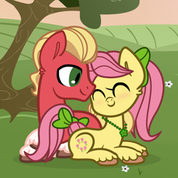 Size: 1920x1920 | Tagged: safe, artist:grapefruit-face, imported from derpibooru, sprout cloverleaf, earth pony, pony, base used, blushing, cute, duo, eyes closed, female, g4, g5, g5 to g4, generation leap, male, posey bloom, poseysprout, shipping, smiling, stallion, straight