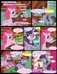 Size: 1042x1358 | Tagged: safe, artist:dendoctor, imported from derpibooru, mean twilight sparkle, pinkie pie, twilight sparkle, alicorn, earth pony, pony, comic:clone.., alternate universe, birdcage, book, bottle, candy, clone, comic, female, food, friendship journal, g4, glowing, glowing horn, horn, magic, mare, pinkie clone, sugarcube corner, telekinesis, twilight sparkle (alicorn)