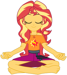 Size: 8303x9292 | Tagged: safe, artist:chrismc373, imported from derpibooru, sunset shimmer, human, pony, equestria girls, barefoot, eyes closed, feet, female, lotus position, meditating, simple background, smiling, solo, transparent background