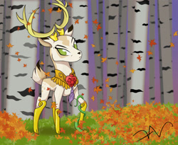 Size: 1280x1048 | Tagged: safe, artist:swasfews, idw, imported from derpibooru, king aspen, deer, autumn, forest, frown, horn, horn ring, horns, leaves, looking at you, male, ring, solo, stag, tree, vine