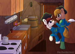 Size: 2816x2048 | Tagged: safe, artist:darbedarmoc, imported from derpibooru, caboose, oc, oc only, earth pony, pony, unicorn, bag, barrel, box, clothes, crate, desk, dishes, food, hat, knife, looking at each other, looking at someone, oven, rice, salad, shelf, soup, table, uniform, uniform hat