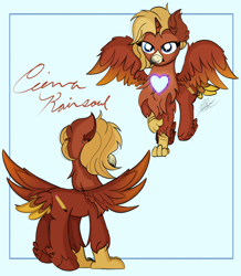 Size: 4324x4968 | Tagged: safe, artist:thepinkbirb, imported from derpibooru, oc, oc:cierrarainsoul, alicorn, griffon, hybrid, pony, blue eyes, chest fluff, claws, colored wings, commission, ear fluff, feather, gradient wings, griffon oc, heart, hybrid oc, photo, queen, raised hoof, reference, reference sheet, simple background, spread wings, wings