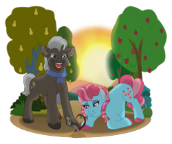 Size: 4767x3979 | Tagged: safe, artist:faitheverlasting, imported from derpibooru, burnt oak, cup cake, earth pony, pony, absurd resolution, apple, apple tree, chiffon swirl, crying, earth pony magic, female, headcanon, headcanon in the description, laughing, magic, male, mare, pear tree, sapling, simple background, sprout, stallion, story included, tears of joy, tears of laughter, teary eyes, transparent background, tree