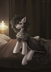 Size: 998x1404 | Tagged: safe, artist:margony, imported from derpibooru, oc, oc only, oc:lodey darkshine, earth pony, pony, bed, bedroom, clothes, dress, earth pony oc, female, glasses, goth, lamp, light, looking at you, maid, mare, pillow, solo