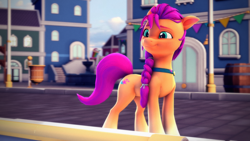 Size: 3840x2160 | Tagged: safe, artist:psfmer, imported from derpibooru, sunny starscout, earth pony, pony, 3d, braid, coat markings, female, g5, happy, high res, mare, maretime bay, smiling, socks (coat markings), solo, source filmmaker