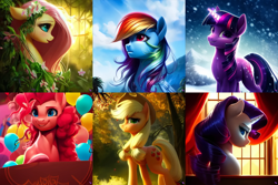 Size: 4096x2731 | Tagged: safe, imported from derpibooru, applejack, fluttershy, pinkie pie, rainbow dash, rarity, twilight sparkle, earth pony, pegasus, pony, unicorn, ai content, ai generated, apple, applejack's hat, balloon, cloud, collage, cowboy hat, crepuscular rays, curtains, female, floral head wreath, flower, flower in hair, flowing mane, food, forest, generator:purplesmart.ai, generator:stable diffusion, glowing, glowing horn, hat, horn, leaves, looking at you, looking up, mane six, mare, mountain, nature, palm tree, party, side view, smiling, smiling at you, snow, snowfall, tree, unicorn twilight, window, winter