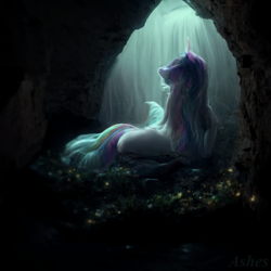 Size: 1024x1024 | Tagged: safe, artist:my-little-pop-artist, imported from derpibooru, princess celestia, alicorn, pony, cave, female, solo