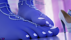 Size: 3840x2160 | Tagged: safe, alternate version, artist:shadowboltsfm, imported from derpibooru, princess luna, twilight sparkle, anthro, plantigrade anthro, series:twilight's tiny troubles, 3d, 4k, barefoot, barefoot sandals, blender, feet, fetish, foot fetish, foot focus, high heels, high res, legs, low angle, macro, micro, not sfm, pictures of legs, shoes, size difference, text, tiny, toes