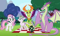 Size: 1024x617 | Tagged: safe, artist:dashiesparkle edit, artist:kojibiose, artist:lillyleaf101, imported from derpibooru, spike, sweetie belle, thorax, oc, oc:phosphor, oc:smokey quartz, changedling, changeling, dracony, dragon, hybrid, pony, dragonling, female, gay, interspecies offspring, king thorax, magical gay spawn, male, mare, offspring, older, older spike, older sweetie belle, parent:spike, parent:sweetie belle, parent:thorax, parents:spikebelle, parents:thoraxspike, park, picnic blanket, shipping, spikebelle, straight, thoraxspike, winged spike, wings