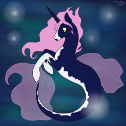 Size: 4000x4000 | Tagged: safe, artist:loopina, imported from derpibooru, oc, oc only, oc:tropical desert, seapony (g4), unicorn, bubble, digital art, fin wings, fins, fish tail, flowing mane, flowing tail, glowing, high res, horn, male, ocean, pink mane, seaponified, signature, solo, species swap, tail, underwater, water, wings, yellow eyes