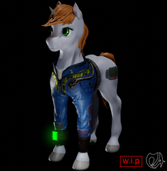 Size: 1410x1441 | Tagged: safe, artist:deadair, imported from derpibooru, oc, oc:littlepip, pony, unicorn, fallout equestria, 3d, 3d model, blender, blender cycles, clothes, cycles render, jumpsuit, pipbuck, solo, vault suit, wip