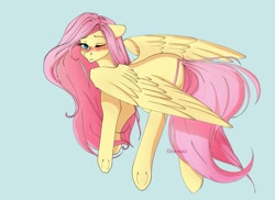 Size: 1193x869 | Tagged: safe, artist:rinnaso, imported from derpibooru, fluttershy, pegasus, pony, blue background, blushing, female, simple background, solo