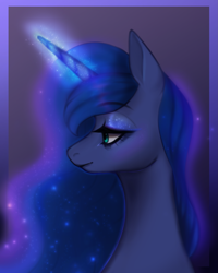 Size: 1737x2171 | Tagged: safe, artist:kaizelek, imported from derpibooru, princess luna, alicorn, pony, bust, female, glowing, glowing horn, horn, profile, solo