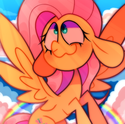 Size: 1054x1050 | Tagged: safe, artist:kimmypalazzo, imported from derpibooru, fluttershy, pegasus, pony, crepuscular rays, female, floppy ears, flying, heart, heart eyes, looking up, mare, outdoors, rainbow, sky background, smiling, solo, spread wings, turned head, wingding eyes, wings