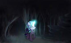 Size: 2500x1500 | Tagged: safe, artist:rejiser, imported from derpibooru, starlight glimmer, pony, unicorn, female, forest, glowing, glowing horn, horn, night, solo