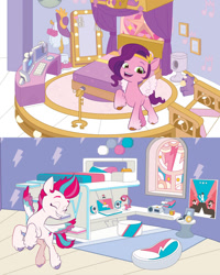 Size: 1080x1350 | Tagged: safe, imported from derpibooru, pipp petals, zipp storm, pegasus, pony, 2d, bedroom, clothes rack, computer, disco ball, eyes closed, facebook, feathered fetlocks, female, g5, grin, hat, headband, headphones, jewelry, lamp, laptop computer, lightning, mare, microphone, music notes, official, open mouth, open smile, plushie, poster, rad-visor, regalia, royal sisters (g5), rubik's cube, siblings, sisters, smiling, unshorn fetlocks