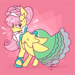 Size: 2400x2400 | Tagged: safe, artist:shylunaart, imported from derpibooru, fluttershy, pegasus, pony, green isn't your color, abstract background, alternate hairstyle, aside glance, blushing, clothes, dress, ear fluff, elbow fluff, emanata, female, headdress, high res, hoof shoes, lidded eyes, looking at you, mare, modelshy, nervous, solo, standing, sweat, wings
