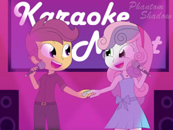 Size: 1920x1440 | Tagged: safe, artist:phantomshadow051, imported from derpibooru, scootaloo, sweetie belle, human, equestria girls, duo, female, holding hands, karaoke, lesbian, microphone, scootabelle, shipping, singing