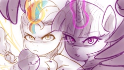 Size: 1981x1127 | Tagged: safe, artist:maren, imported from derpibooru, sunny starscout, twilight sparkle, alicorn, pony, badass, doodle, g5, glowing, glowing horn, gold experience requiem, horn, i'm with you, is that a jojo reference?, jojo's bizarre adventure, looking at you, my little pony: a new generation, my little pony: make your mark, my little pony: make your mark chapter 2, parody, race swap, reference, simple background, sunny and her heroine, sunnycorn, twilight sparkle (alicorn), white background