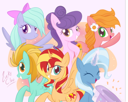 Size: 3128x2501 | Tagged: safe, artist:luckyclau, imported from derpibooru, flitter, lightning dust, sunset shimmer, suri polomare, trixie, alicorn, earth pony, pegasus, pony, unicorn, equestria girls, alicornified, alternate mane six, alternate universe, bow, clothes, eyes closed, female, flower, flower in hair, flying, glowing, glowing horn, grin, hair bow, hat, horn, magic, mare, open mouth, race swap, shimmercorn, smiling, sunflower (g4), sunflower seeds, trixie's hat