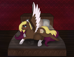 Size: 3691x2863 | Tagged: safe, artist:loopina, imported from derpibooru, oc, oc:violet sapphire, bat pony, pegasus, bed, elongated, female, full body, pregnant, simple background