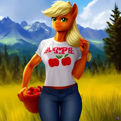 Size: 1024x1024 | Tagged: safe, imported from derpibooru, applejack, anthro, earth pony, ai content, ai generated, apple, basket, breasts, busty applejack, clothes, cloud, cloudy, denim, female, food, forest, generator:purplesmart.ai, generator:stable diffusion, jeans, looking at you, meadow, mountain, pants, scenery, shirt, smiling, smiling at you, solo, t-shirt, tree