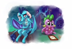 Size: 3800x2600 | Tagged: safe, artist:whitediamonds, imported from derpibooru, part of a set, princess ember, spike, twilight sparkle, dragon, crying, cute, dragoness, emberspike, female, jewelry, male, ring, sad, sadorable, shipping, straight, twilight's castle, wedding ring, winged spike, wings