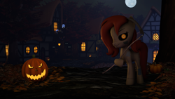 Size: 1920x1080 | Tagged: safe, artist:skyarrow, imported from derpibooru, oc, oc:cross stitch, oc:sleepy hollow, dullahan, hagwarders, original species, unicorn, 3d, autumn, disembodied head, female, halloween, headless, holiday, jack-o-lantern, male, mare, moon, pumpkin, source filmmaker, stallion