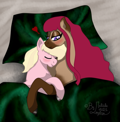 Size: 2543x2595 | Tagged: safe, artist:loopina, imported from derpibooru, oc, oc:heart struck, oc:strawberry sand, pegasus, saddle arabian, bed, bedroom, couple, hug, love, romance, romantic, tender