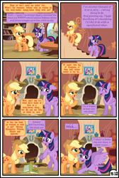 Size: 3254x4838 | Tagged: safe, artist:gutovi, imported from derpibooru, applejack, twilight sparkle, alicorn, earth pony, pony, comic:why me!?, alternate ending, book, comic, embarrassed, female, fireplace, golden oaks library, hat, high res, lesbian, mare, shipping, show accurate, twijack, twilight sparkle (alicorn)