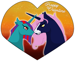 Size: 2169x1763 | Tagged: safe, imported from derpibooru, oc, oc only, oc:hisark kirff, oc:tropical desert, unicorn, couple, cute, female, gift art, holiday, love, male, romance, romantic, simple background, transparent background, valentine's day