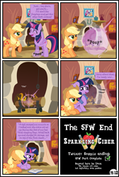 Size: 3255x4838 | Tagged: safe, artist:gutovi, imported from derpibooru, applejack, twilight sparkle, alicorn, earth pony, pony, comic:why me!?, alternate ending, awkward smile, book, comic, female, fireplace, golden oaks library, hat, high res, lesbian, mare, reading, shipping, show accurate, smiling, twijack, twilight sparkle (alicorn)