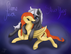 Size: 3874x2943 | Tagged: safe, artist:loopina, imported from derpibooru, oc, oc:flame fever, oc:silver blaze, pegasus, couple, female, gift art, hug, love, male, tender