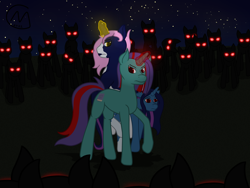 Size: 3424x2574 | Tagged: safe, artist:maître cervidé, imported from derpibooru, oc, oc:abyss, oc:hisark kirff, oc:tropical desert, shadow pony, unicorn, dark, magic, night, red eyes, shadow, surrounded