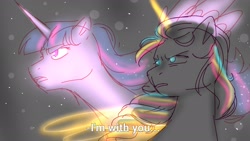 Size: 1920x1080 | Tagged: safe, artist:mythicalartist_, imported from derpibooru, sunny starscout, twilight sparkle, alicorn, pony, badass, doodle, g5, glowing, glowing horn, horn, i'm with you, inspired by another artist, is that a jojo reference?, jojo's bizarre adventure, looking at you, my little pony: a new generation, parody, race swap, reference, simple background, sunny and her heroine, sunnycorn, twilight sparkle (alicorn), white background