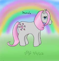 Size: 1082x1121 | Tagged: safe, artist:jobeevrai, imported from derpibooru, snuzzle, earth pony, pony, cute, female, field, g1, grass, grass field, land, mare, ponyland, rainbow, smiling, snuzzlebetes, solo