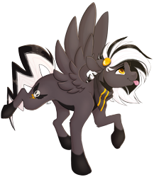 Size: 2000x2300 | Tagged: safe, artist:mxiiisy, imported from derpibooru, oc, oc only, oc:zephyrai, pegasus, pony, :p, accessory, bandana, black and white mane, coat markings, colored belly, dark belly, full body, gray coat, hair accessory, hairpin, looking up, raised leg, side view, simple background, skull, socks (coat markings), solo, spread wings, thunderbolt, tongue out, transparent background, wings, yellow eyes