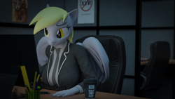 Size: 3840x2160 | Tagged: safe, artist:arcanetesla, imported from derpibooru, derpy hooves, anthro, pegasus, 3d, big breasts, blender, breasts, busty derpy hooves, clothes, female, necktie, office, solo, suit