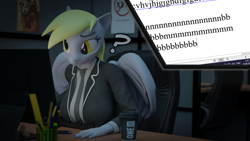 Size: 3840x2160 | Tagged: safe, alternate version, artist:arcanetesla, imported from derpibooru, derpy hooves, anthro, pegasus, 3d, big breasts, blender, breast rest, breasts, busty derpy hooves, clothes, female, meme, necktie, office, question mark, solo, suit