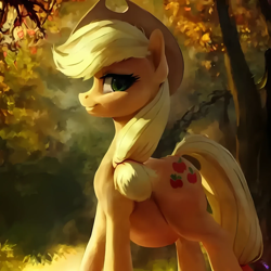 Size: 1536x1536 | Tagged: safe, derpibooru exclusive, edit, editor:dualreason, imported from derpibooru, applejack, earth pony, pony, ai content, ai generated, belly, big belly, female, generator:purplesmart.ai, generator:stable diffusion, outdoors, preggo jack, pregnant, smiling, solo, tree