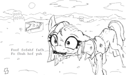 Size: 1276x759 | Tagged: safe, artist:zebra, oc, oc only, pony, fallout equestria, anorexia, clothes, cut, monochrome, mouth hold, ms paint, ruins, scar, skinny, switchblade, torn clothes, wasteland
