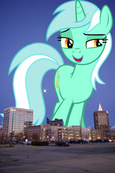 Size: 1371x2048 | Tagged: safe, artist:decprincess, artist:jaredking779, imported from derpibooru, lyra heartstrings, pony, unicorn, background pony, boise, female, giant lyra heartstrings, giant pony, giant unicorn, giantess, highrise ponies, idaho, irl, looking at you, macro, mare, mega giant, mega lyra, open mouth, photo, ponies in real life, smiling, smiling at you, solo