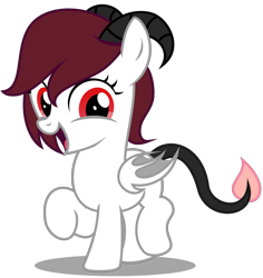 Size: 3340x3540 | Tagged: safe, artist:strategypony, imported from derpibooru, oc, oc only, oc:velvet charm, original species, pony, succubus, succubus pony, cute, devil tail, female, filly, foal, horns, raised hoof, red eyes, simple background, tail, transparent background, wings