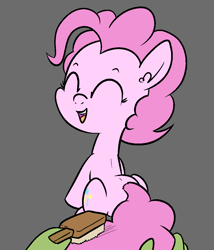 Size: 923x1080 | Tagged: safe, artist:happy harvey, imported from derpibooru, pinkie pie, oc, oc:anon, earth pony, pony, brushing, cute, drawn on phone, ear fluff, eyes closed, female, looking at you, looking back, looking back at you, mare, offscreen character, open mouth, pov, simple background, smiling