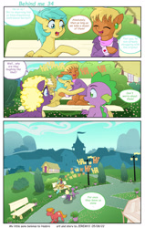 Size: 1920x3011 | Tagged: safe, artist:jeremy3, imported from derpibooru, ms. harshwhinny, spike, sunshower raindrops, oc, oc:valentine, dragon, earth pony, pegasus, pony, comic:behind me, alternate universe, bench, clothes, comic, house, laughing, ponyville
