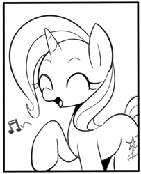 Size: 889x1096 | Tagged: safe, artist:maren, imported from derpibooru, trixie, pony, unicorn, eyes closed, female, lineart, mare, monochrome, music notes, open mouth, open smile, raised hoof, smiling, solo