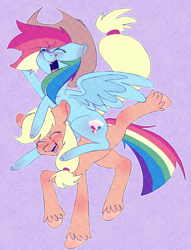 Size: 4944x6456 | Tagged: safe, artist:andyzcubz, imported from derpibooru, applejack, rainbow dash, earth pony, pegasus, pony, appledash, applejack's hat, cowboy hat, female, happy, hat, lesbian, ponies riding ponies, rainbow dash riding applejack, riding, shipping