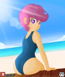 Size: 2976x3507 | Tagged: safe, artist:minusclass, imported from derpibooru, scootaloo, human, equestria girls, ass, beach, butt, clothes, cloud, crepuscular rays, female, high res, lens flare, looking at you, looking back, looking back at you, one-piece swimsuit, patreon, patreon logo, sand, scootabutt, solo, summer, swimsuit, water